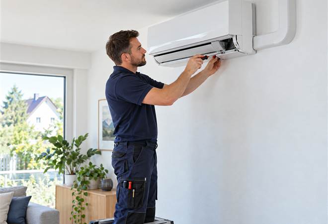 klimaanlage Monteur bei der Montage einer Klimaanlage